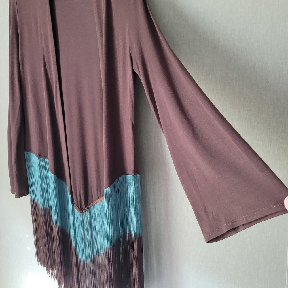 Reba Boho Western Fringe Lightweight Duster Cardigan Brown Teal Festival Small